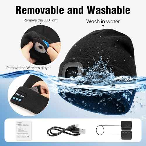 MUSIC LED Beanie Hat with Bluetooth, Rechargeable Hat with 3-Mode Headlamp & Hands-Free Calling,Warm Knit Cap for Men and Women, Ideal for Outdoor Night Activities Black