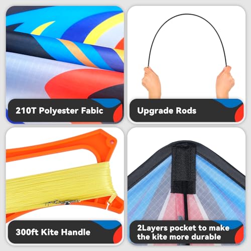 Large Delta Kite for Kids & Adults - Dark Blue Rainbow Easy Fly Durable Beach Kite