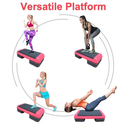 Adjustable Aerobic Stepper with 4 Risers, Gray and Black Fitness Step Platform for Home Gym Workouts (Black+Red + Plastic)
