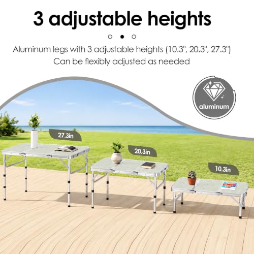 Silver Folding Camping Table 3 Foot with Adjustable Heights & Storage - Portable Lightweight