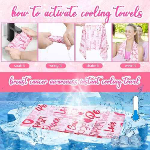 Breling 24 Pack Breast Cancer Awareness Cooling Towels 31 x 11 inches Pink Ribbon Sweat Breathable Chilly Pink Microfiber Football Towel for Breast Cancer Procession Survivor Sport Yoga Gifts(Trendy)
