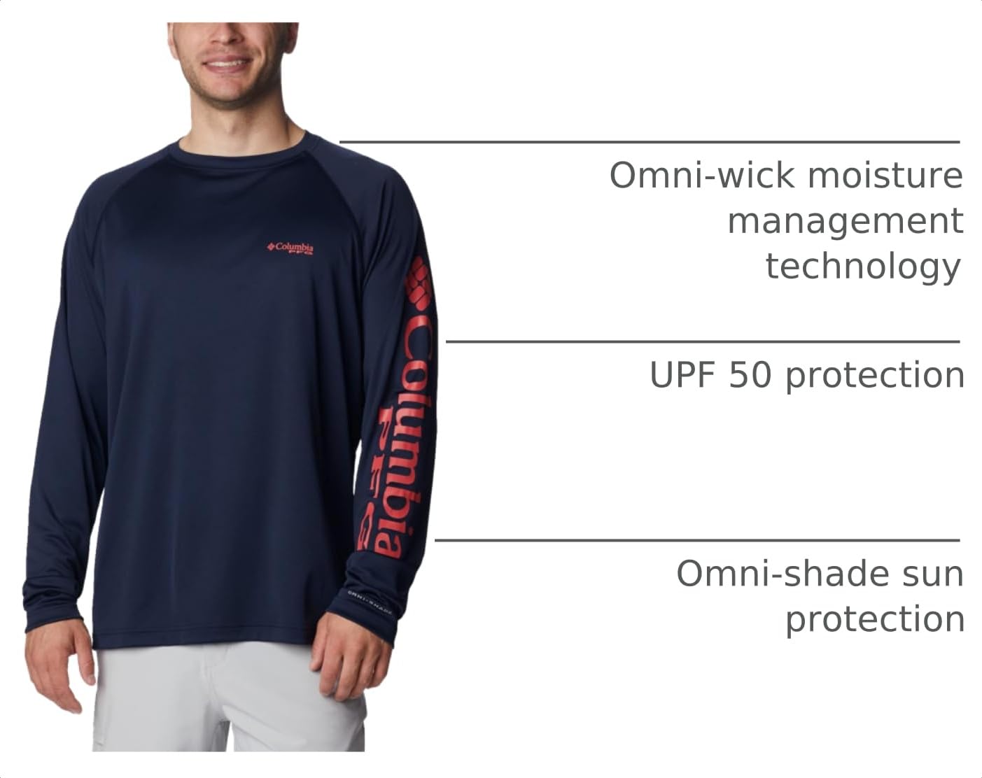 Columbia Men's PFG Terminal Tackle Long Sleeve Fishing Shirt, Collegiate Navy/Sunset Red Logo, Medium