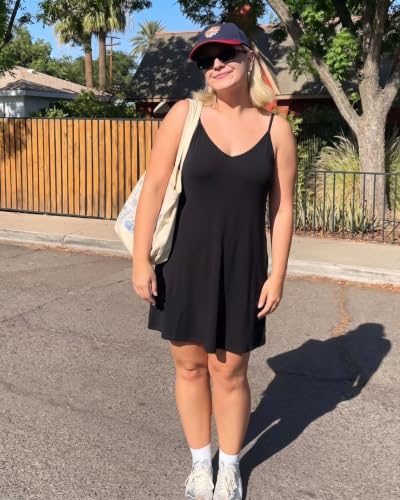 Women Spaghetti Strap Summer Dress Beach Sundresses Large Black - JOELLYUS
