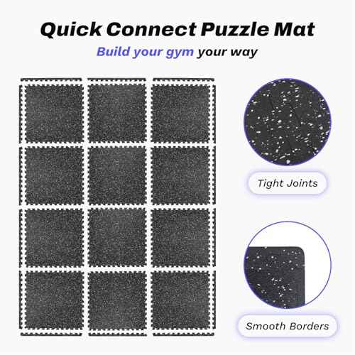 AIRHOP 0.56in Thick 48 Sq Ft Exercise Equipment Mats, 12 Tiles Upgraded Rubber Top with High Density EVA Foam, Large Interlocking Puzzle Gym Flooring for Home Gym, Heavy Weight Workout, 24 x 24in