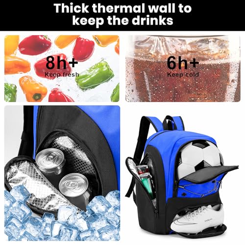 Soccer Backpack with Ball Holder, Shoe Compartment & Insulation - Water-Resistant Blue