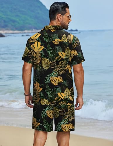 Men's Hawaiian Matching Set Large Black - Summer Beach 2 Piece Outfits with Flower Button Down Shirts and Shorts