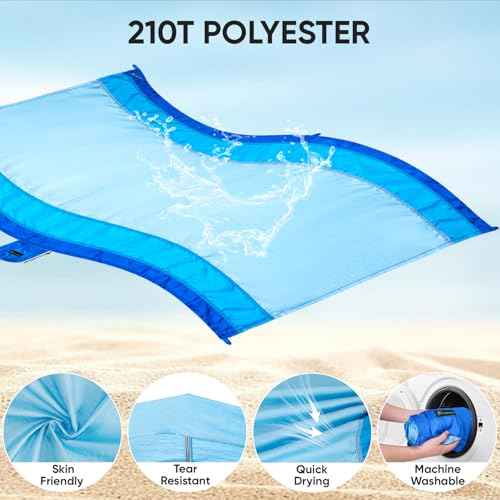 PTEROMY Beach Blanket Waterproof Sandproof, 108" X 120" Extra Large Beach Mat with Storage Bag, Quick Drying Lightweight, 6 Stakes, Accessories for Picnic, Travel (9x10 FT, Blue)
