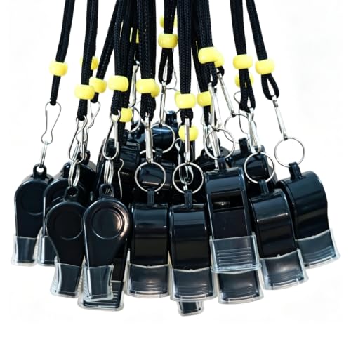 Black Sports Whistles with Lanyard - Pack of 24 Referee & Whistles