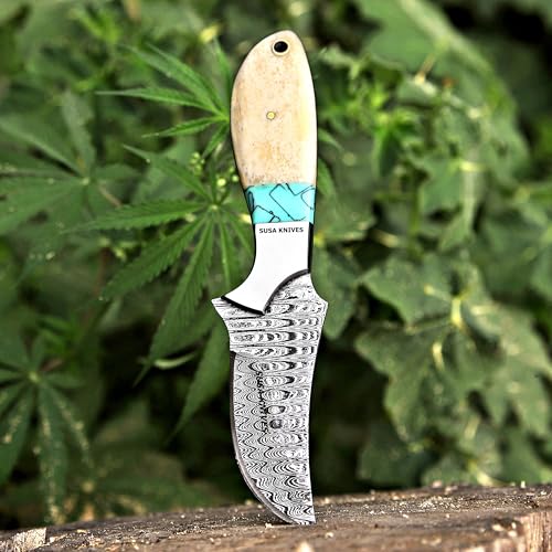 Custom Handmade 7-Inch Fixed Blade Cow Hoof Rasp Knife with Turquoise Handle and Leather Sheath - BONE Variation