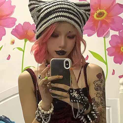 Y2k Beanies Crochet Knitted Cat Hats Goth Cross Devil Hat Striped Alt Emo Accessories Grunge Y2k Aesthetic Clothes