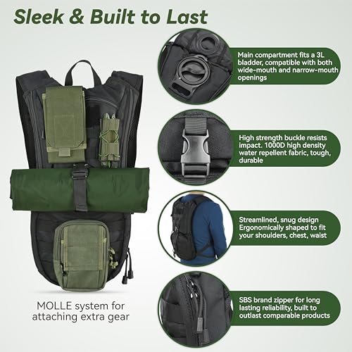Black Tactical Hydration Pack Backpack with 3L Water Bladder