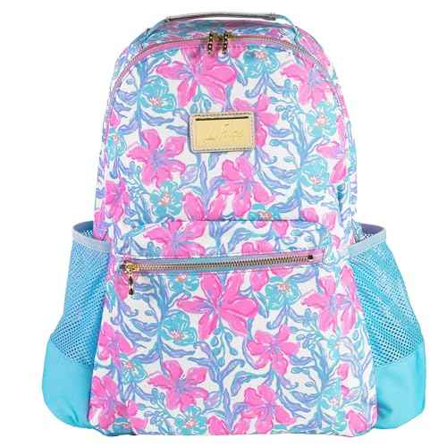 Lilly Pulitzer Small Backpack with Pockets, Adjustable Straps and Top Handle, Bookbag for Work and Travel (Beachside Haven)