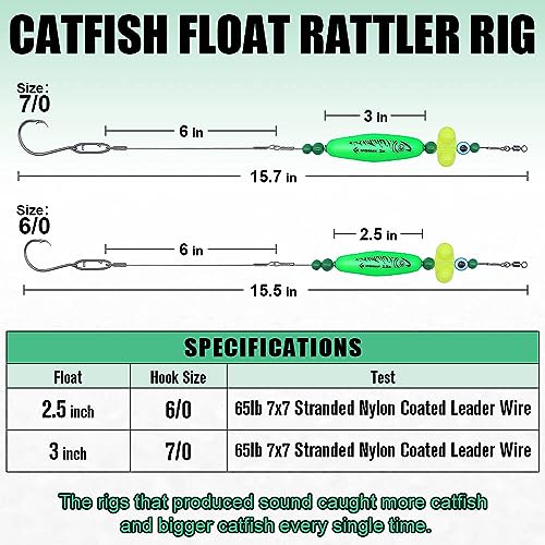 Green 4 Pack Catfish Rig with Rattler Floats for Bank Fishing - 3 Inch
