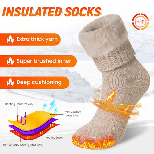 Thermal Ski Socks for Women - Extra Thick Insulated Winter Crew Socks with Variation Black, Khaki, Grey - 3 Pairs