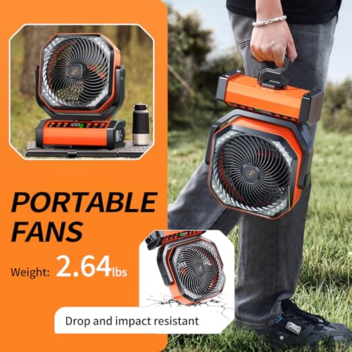 Camping LED Fan with Light 20000mAh Rechargeable Battery Orange - 8 Speed Portable Tent Fan & Light