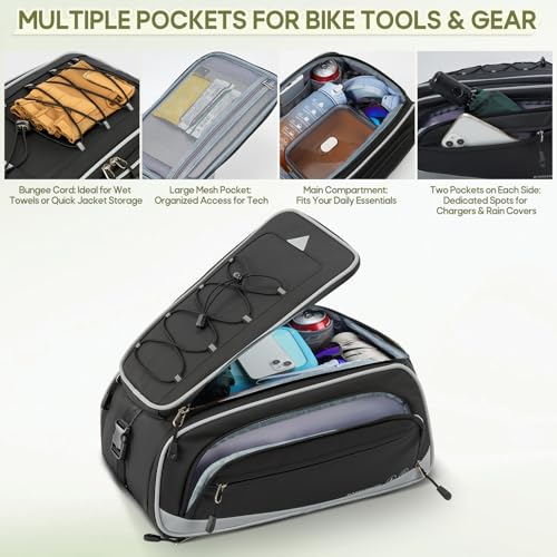 Rainsmore Expandable Bike Trunk Bag - 15L to 23L Black Bicycle Rear Rack Storage