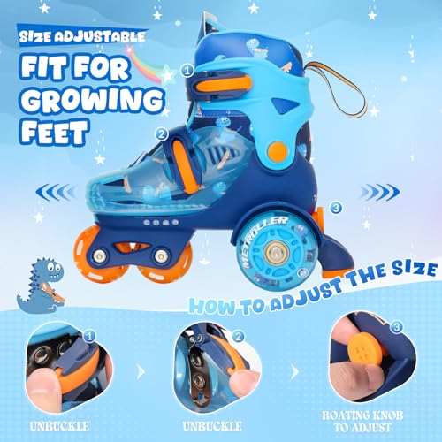 Kids Adjustable Dino Roller Skates with Glowing Wheels - XS-Small (8C-11C US)
