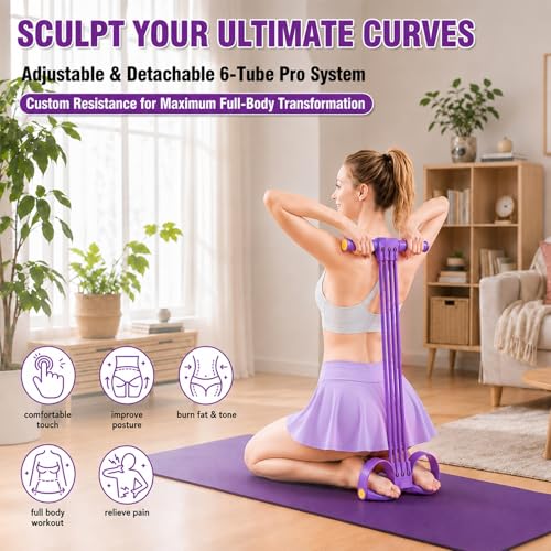 Foot Pedal Resistance Bands with Handles - Purple Multi-Tube Elastic Yoga Equipment