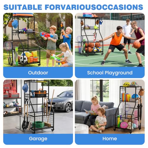 DYWJFR Black 3-Tier Rolling Sports Equipment Organizer with Wheels