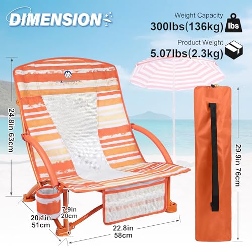 Heavy Duty Folding Beach Chairs 2 Pack with Cooler Bag - Orange Strip Low Back