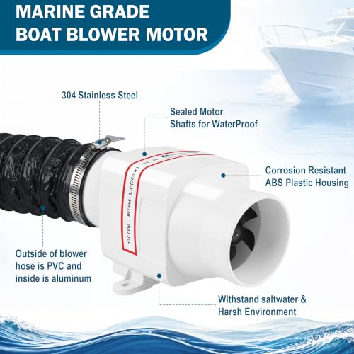 3-Inch Marine Bilge Blower Fan with 10ft Hose - 12V In-Line Boat Ventilation