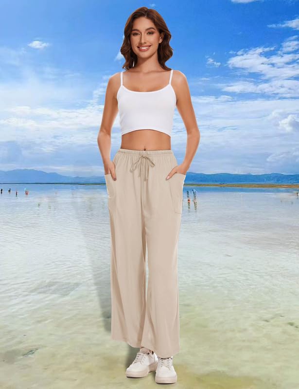 Large Women's Wide Leg Lounge Pants - Beige Comfy Harem Pajama Sweatpants with Pockets