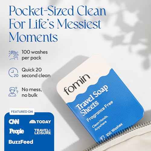 FOMIN - Antibacterial Paper Soap Sheets Tin for Traveling - (100 Sheets) Fragrance Free Portable Travel Hand Soap Sheet, Dissolvable Mini Camping Hand Soap for Hand Washing