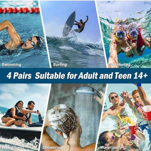 Swimming Ear Plugs for Adults, 4 Pairs Waterproof Reusable Silicone Swim Earplugs with Removable Cord, Perfect for Swimming, Showering, Surfing and Other Water Sports - Two Wearing Styles