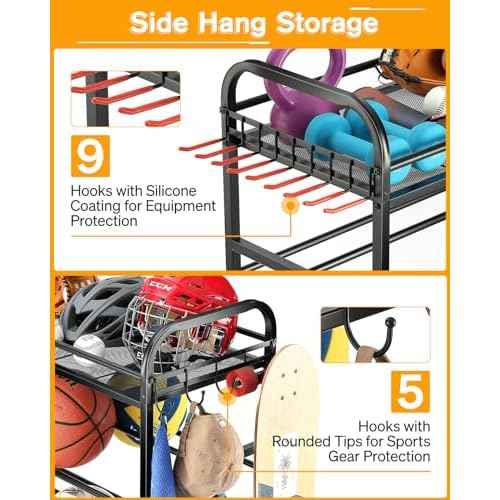 Garage Sports Equipment Organizer - Rolling Ball Storage Bin with Wheels, Garage Sports Gear Rack Outdoor Basketball Racks for Balls with Baseball Bat Holder and Hooks, Toy Organizer