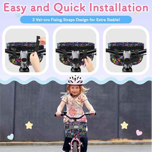 Kids Bike Basket,Bicycle Basket Front, Cute Front Frame Handlebar Bag with Reflective Straps Two Zipper Lip Fit Toddlers Bike Scooter,Waterproof Oxford Cloth Bike Basket for Boys, Girls