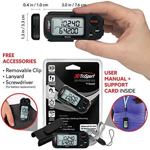 Realalt 3DTriSport Walking 3D Pedometer with Clip & Strap, eBook Included 30 Days Memory Accurate Step Counter, Walking Distance Miles/Km, Calorie Counter, Daily Exercise Time Monitor