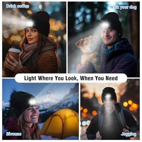 Unisex Beanie Hat with LED Light, USB Rechargeable Headlamp Caps, Windproof Warm Knit hat for Adults, 3 Brightness Modes for Fishing, Camping, Hiking Black