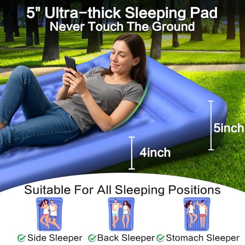 Double Sleeping Pad for Camping Blue - Extra Thick 5 Inch Self-Inflating Mattress for 2 Persons with Built-In Foot Pump