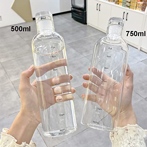500ml Transparent Glass Water Bottle with Time Scale and Leakproof Lids - Creative Girls Drinking Cup