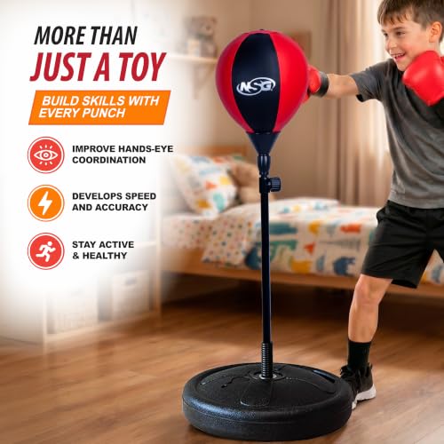 Large NSG Punching Bag for Kids & Boxing Gloves Set - Adjustable Freestanding Speed Bag with Stand, Junior Boxing Gloves & Pump