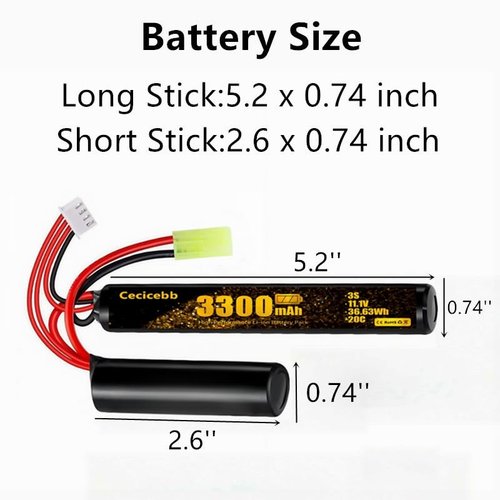 Cecicebb Airsoft Battery 11.1v 3300mAh Nunchuck Battery with Mini Tamiya Plug for aeG AK47 M4 MP5 Airsoft Model Guns Rifles 1 Pack 3S Rechargeable Stick Shape Butterfly with USB Charger