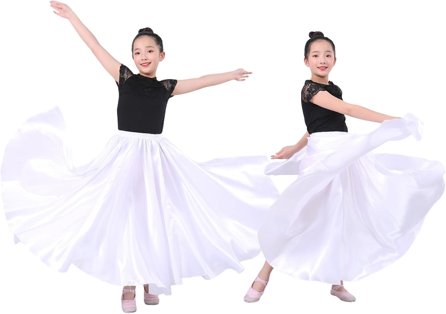 2 Pcs Long Satin Skirt for Girls Full Dancing Circle Skirt for Kids 8-12 Years