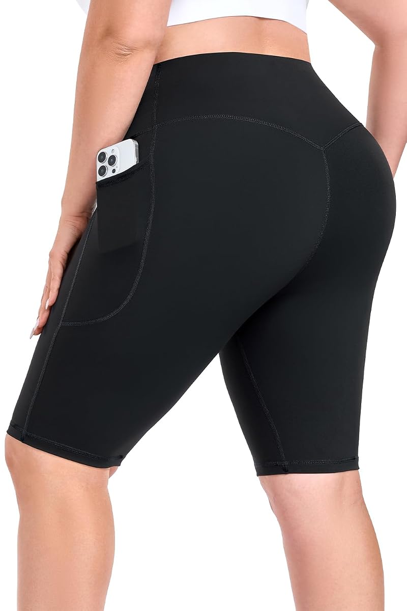 Plus Size 10" Biker Shorts for Women with Pockets - High Waist, 6XL, Black (Variation: Black+XX-Large Plus+10 Inch)