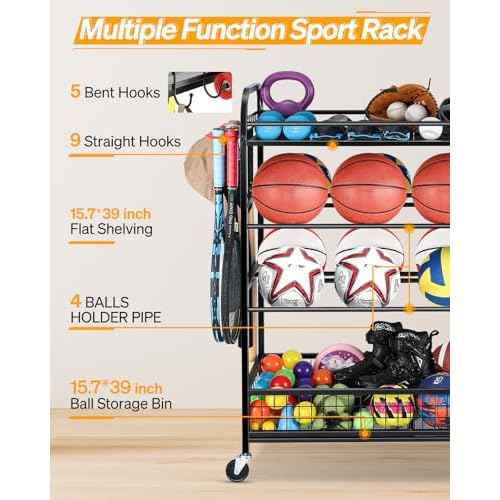 Garage Sports Equipment Organizer - Rolling Ball Storage Bin with Wheels, Garage Sports Gear Rack Outdoor Basketball Racks for Balls with Baseball Bat Holder and Hooks, Toy Organizer