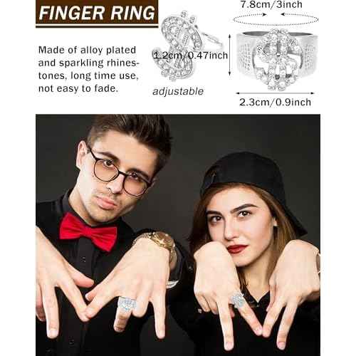 6Pack 90s 80s Hip Hop Costumes Kit for Men 2000s Y2K Sunglasses Rings Hat Rapper Outfit Accessories for Themed Party