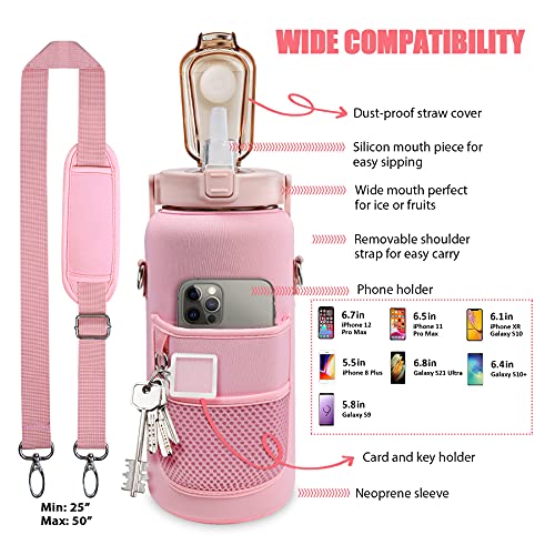Pink Half Gallon Water Bottle with Sleeve, Motivational 70oz Leakproof Drink