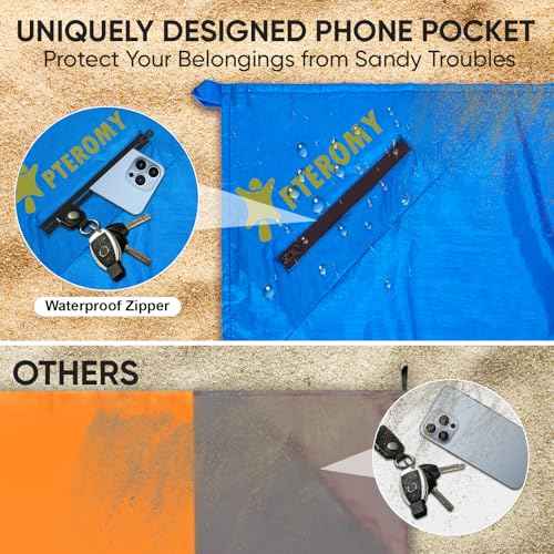 PTEROMY Beach Blanket Waterproof Sandproof, 108" X 120" Extra Large Beach Mat with Storage Bag, Quick Drying Lightweight, 6 Stakes, Accessories for Picnic, Travel (9x10 FT, Blue)