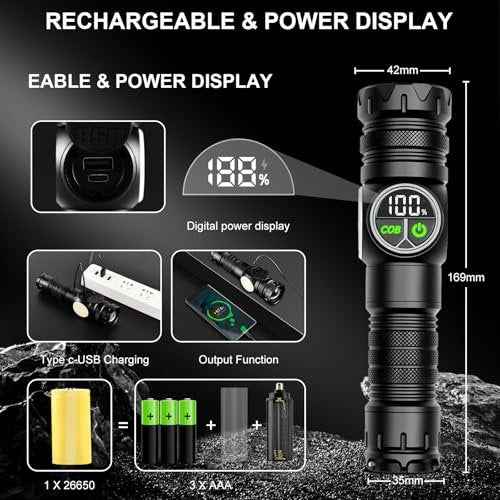 4 in 1 Rechargeable 6500K / 395nm UV Flashlight Dimming Stepless True 5000 Lumens IP45 Zoomable Beam UV Light, 5000mAh Halloween LED Flash Light with Magnet Power Failure