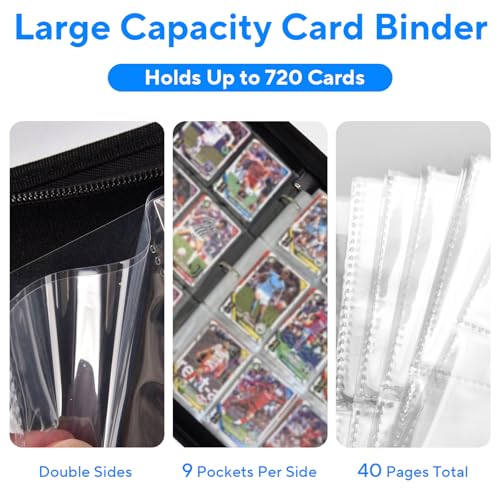 Black 9-Pocket Trading Card Binder Holds 720 Cards - Removable Pages