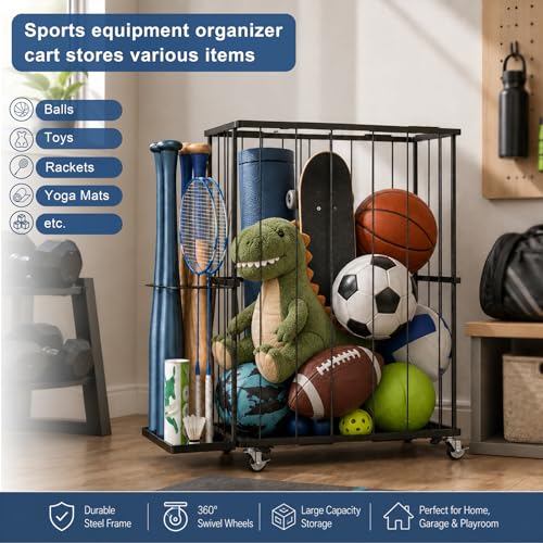 ClookRack Black Large Garage Ball Storage Rack with Wheels, Sports & Toy Organizer