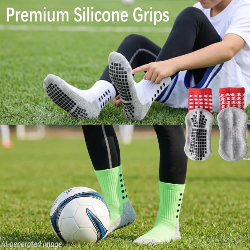 Kids Soccer Grip Socks 10-12 Years Black White 6 Pairs Cushioned Non Slip Athletic Socks for Boys