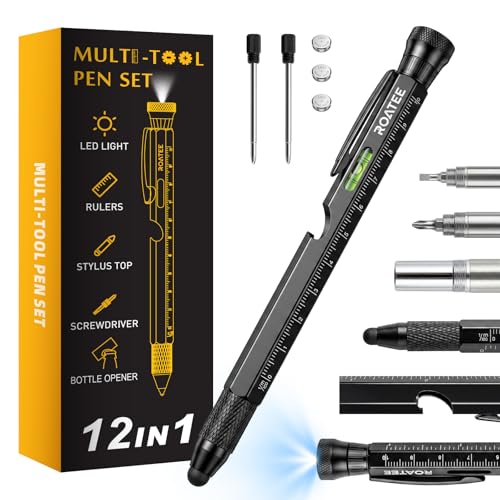 Multitool Pen for Men - 12-in-1 Construction Gadget with LED Light - Black