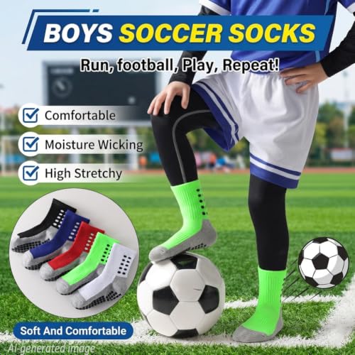 Kids Soccer Grip Socks 10-12 Years Black White 6 Pairs Cushioned Non Slip Athletic Socks for Boys