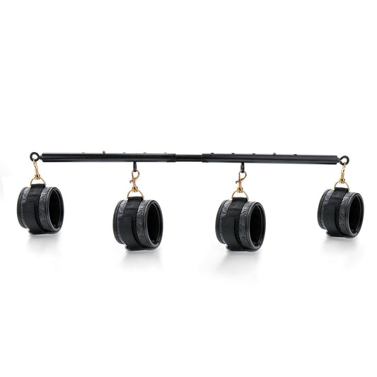 3 in 1 Heavy Duty Stainless Steel Expandable Silver Spreader Bar with 4pcs Furry Purple Adjustable Straps,Workout Bar for Home Gym,Portable Detachable Pilates Kit (Black+Black Embossed PU Kit)
