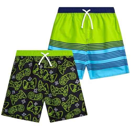Quad Seven Boys Swim Trunks - 2 Pack Quick Dry Printed Boys Board Shorts Bathing Suit Kids Swimwear with Pockets (Size:8-18)
